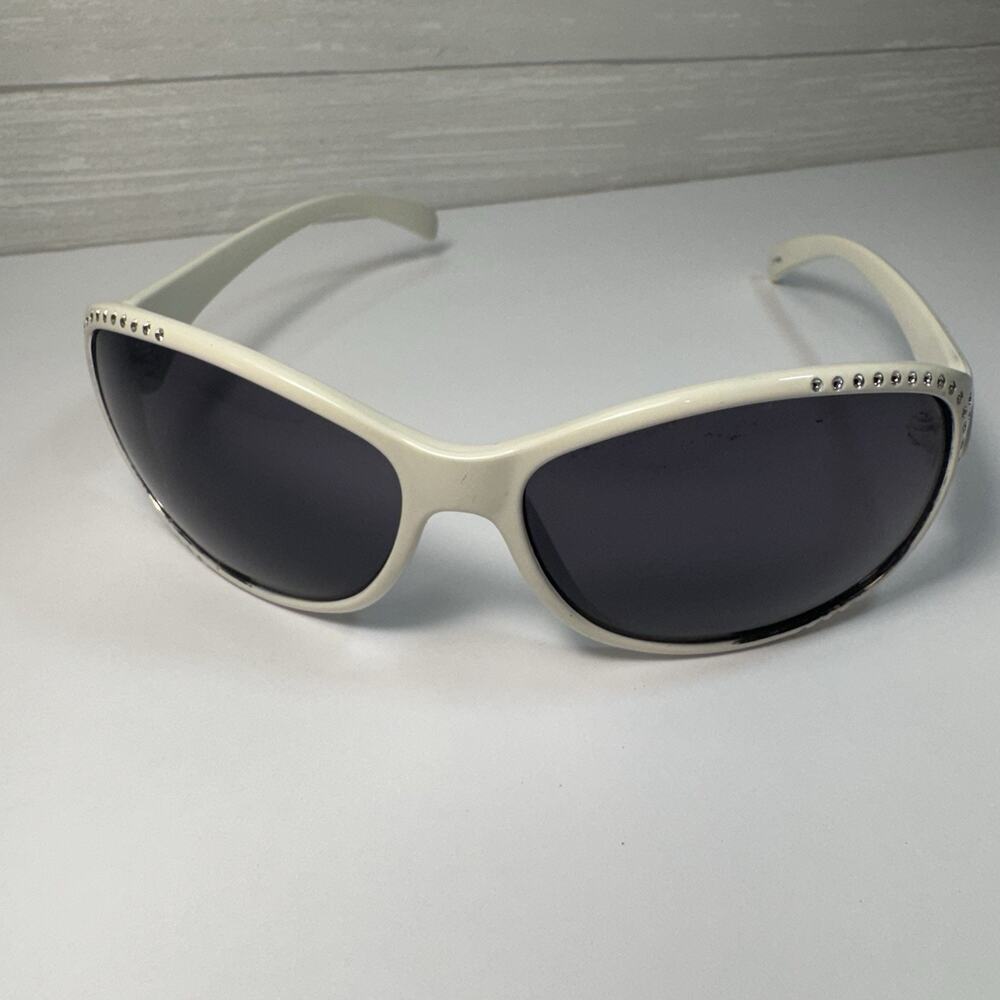 Vintage Y2K White Wrap Sunglasses | Rhinestone Bling Shield Frame | Cyber 2000s